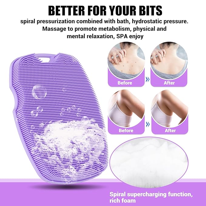 Silicone Body Scrubber - Anti Zinc Infused-Highly Elastic Bristles Exfoliating Body Scrubber for Shower Body,Cellulite Reduction,Blood Circulation - Purple
