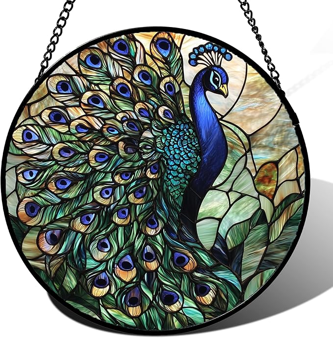 Stained Glass Window Hanging, Blue Green Peacock Decor Suncatcher for Door Garden Home Decoration Bird Sun Catchers Christmas Mother's Day Birthday Gifts for Women Men Mom Nana Friend 11.8 in