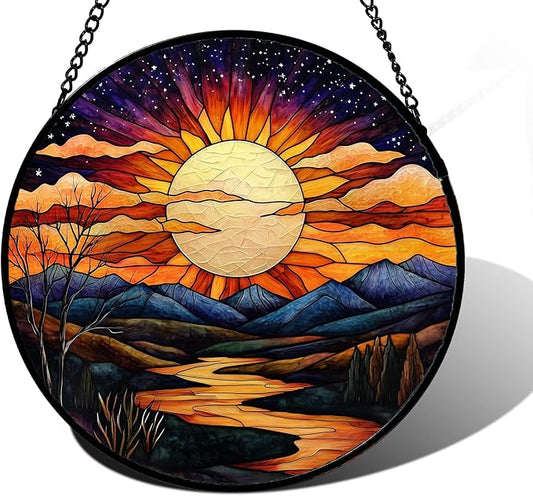 Stained Glass Window Hanging, The Sun Shines Brightly on Lake Sun Catchers Colorful Glass Panel Suncatcher Decor for Birthday for Women, Men, Wife, Lovers, and Mom 7.8 in
