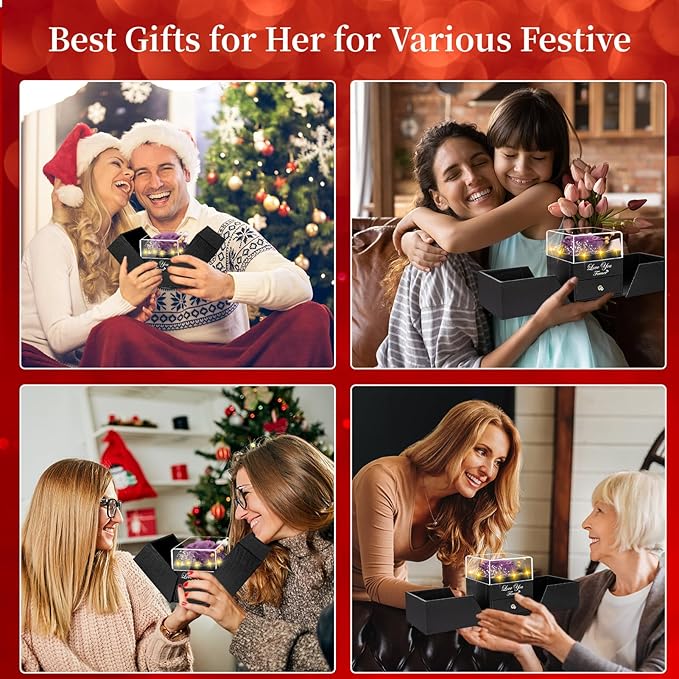 Preserved Lavender Purple Real Rose with Heart I Love You Necklace -Eternal Flowers Rose Birthday Gifts for Women Her Mom Wife Girlfriend Grandma on Valentines Mothers Day Christmas Anniversary