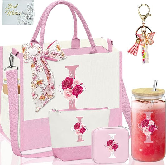 Gifts for Women,Initial Canvas Tote Bag,Personalized Gift for Woman,Monogrammed Gifts for Women,Initial Makeup Bag,Birthday Gift for Mom,present for Niece Sister-I