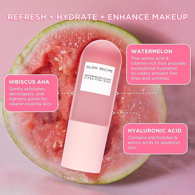 Glow Recipe Beach Bag Essentials Beauty Kit - SPF Dew Balm Sunscreen Stick (0.58 oz) + Ultra Fine Watermelon Setting Mist Facial Spray (2.5 oz) - Protect from UVA Rays & Prep Makeup Routine