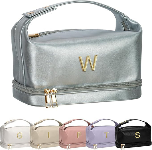 Women Gift Ideas, Personalized Makeup Bag with Handle, Initial Double Layer Cosmetic Bag with Makeup Brush Organizer, Cute Cosmetic Pouch for Women, Gifts for Friends Female Mom