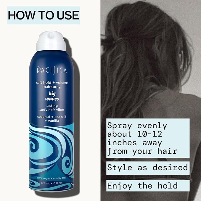 Pacifica Beauty Big Waves Coconut, Vanilla & Sea Salt Hairspray, Controls Frizz & Adds Volume, Designed for Wavy Hair, Vegan & Cruelty-Free, 6 Fl Oz