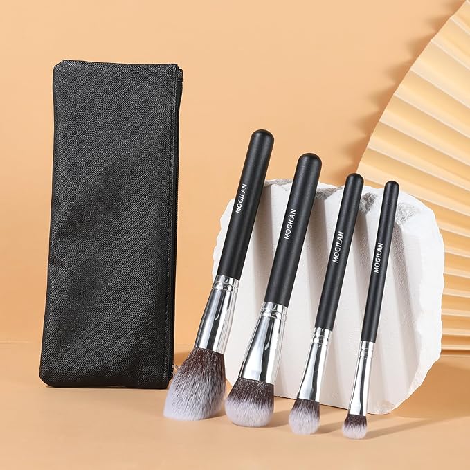 Makeup Brush Set 4PCS Professional Makeup Brushes for Foundation, Blush, Eyeshadow & Under Eye Concealer Blending – Portable Cosmetic Kit with BlackTravel Case for Daily Touchups