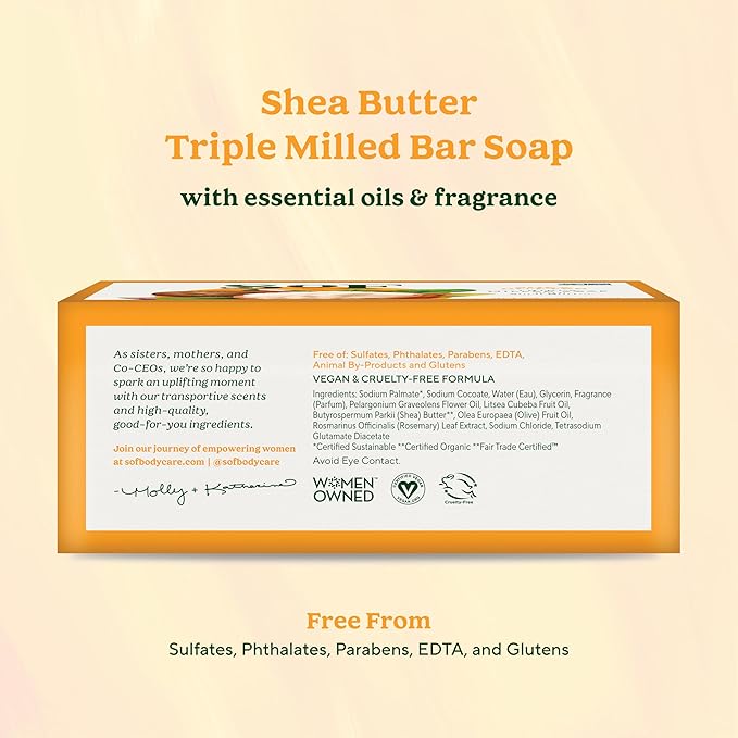 SoF Triple Milled Bar Soap - With Coconut Oil & Organic Shea Butter- Vegan & Non GMO- Free From Phthalates, Sulfates & Parabens- Shea Butter - 6 oz Bar 4 Bars