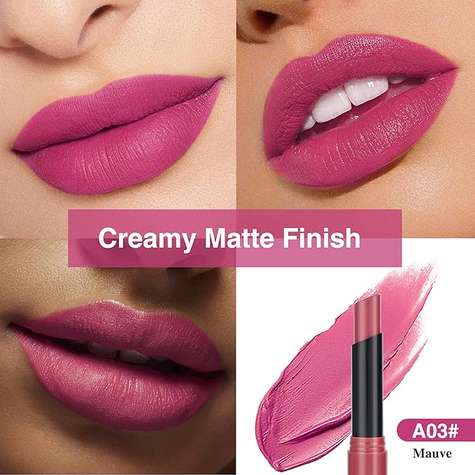 Light Purple Matte Lipstick，Creamy Silky Matte+Lipsticks，Hydrating Balm-in-Lipstick，Velvety Finish for Women Daily Lip Makeup，High-pigment Formula，Easy to use and color，Vegan & Cruelty-Free 03#