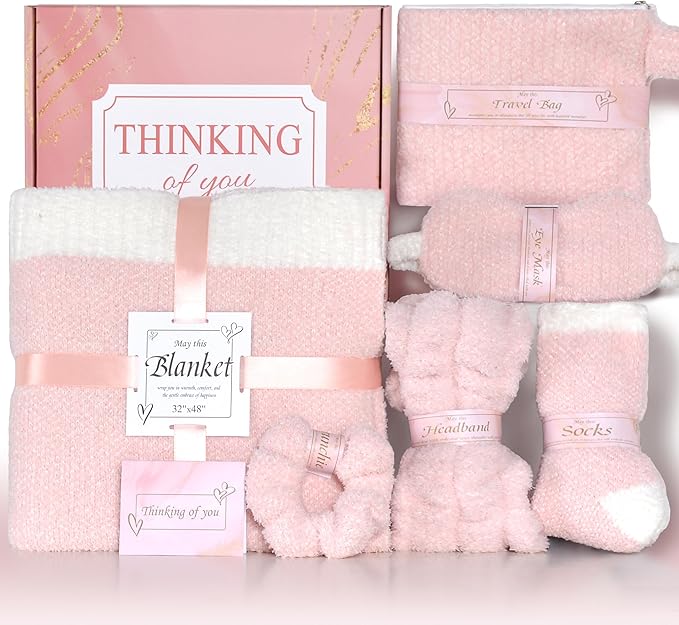JOOJA Birthday Cozy Thinking of You Get Well Soon Gift Basket Care Package with Blanket, Fuzzy Socks, Eye Mask, Headband Cozy Essentials - Pink