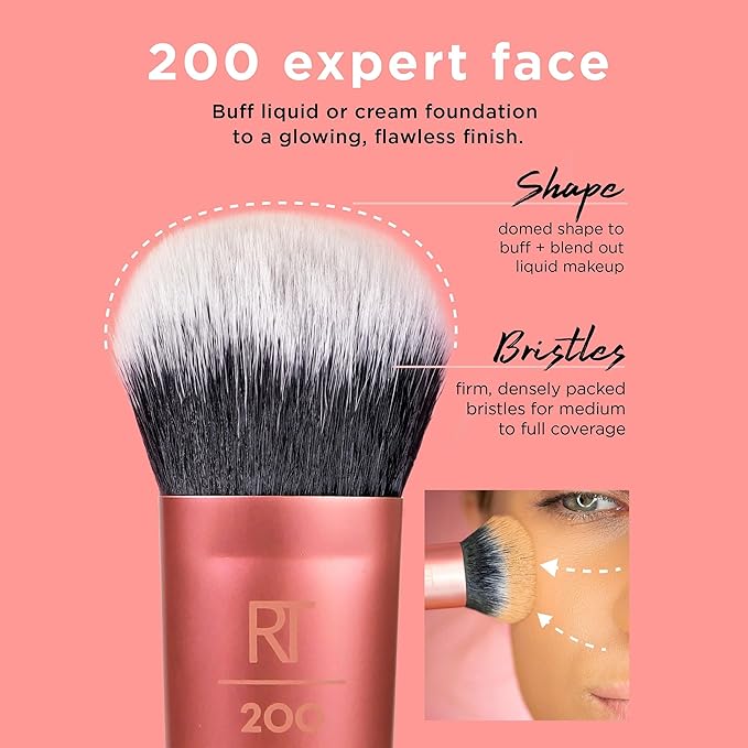 Real Techniques Expert Face Professional Foundation Makeup Brush for Even Streak Free Application, Dense Bristles For Buffing, Orange, 1 Count