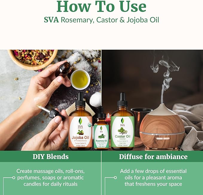 SVA Rosemary Essential Oil 1oz, Castor Oil 4oz, and Jojoba Oil 4oz Bundle Super Saver Combo – Premium Grade Value Set for Hair Oiling, Scalp Massage, Hair Care, Face, Skin Care, and Body Massage