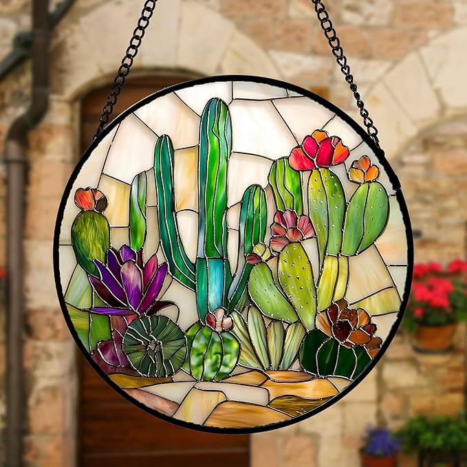 Stained Glass Window Hanging, White Green Cactus Suncatcher Diamond Glass Panel Hangings Sun Catchers Decor for Birthday for Women, Men, Wife, Aunt, and Mom 7.8 in