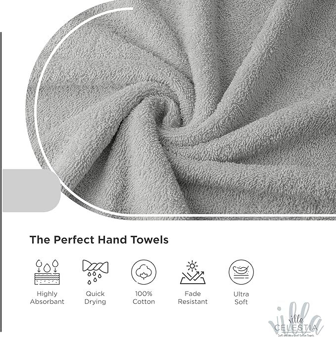 Premium Silver Hand Towel-100% Cotton Hand Towels for Bathroom 650 GSM Soft Silver Hand Towels Absorbent & Fast Drying Bath Hand Towels-Elegant Salon Spa Hotel Hand Towel Set of 4 (16''x 28'')