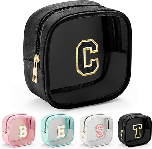 YOOLIFE Initial Makeup Bag Travel Toiletry Bag, Clear Makeup Bag Car Accessories For Women Clear Makeup Bags With Zipper Girlfriend Teacher 7 Year Old Girl Gifts Daughter Gifts Girl Gifts Mini Black C