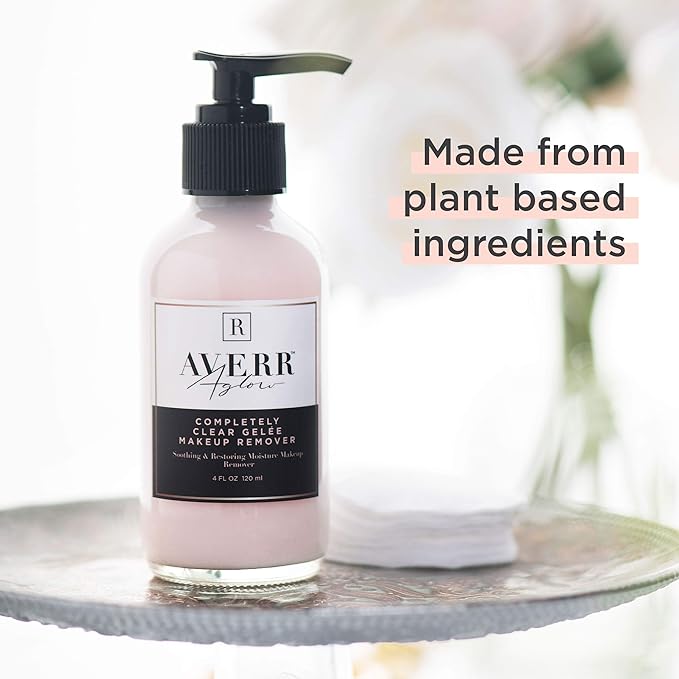 Averr Aglow Completely Clear Gelée Makeup Remover, Face Care, Boost Collagen, Calm Skin, Natural Plant Based Solution Facial Cleanser, Removes Waterproof Makeup