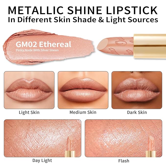 Oulac Matte Pinky Nude Lipstick with Glow Metallic Finish - Vegan Lipstick for Women, Creamy Texture, Hydrating Clean Beauty Formula, High-End Magnetic Hook Design, GM02 Ethereal
