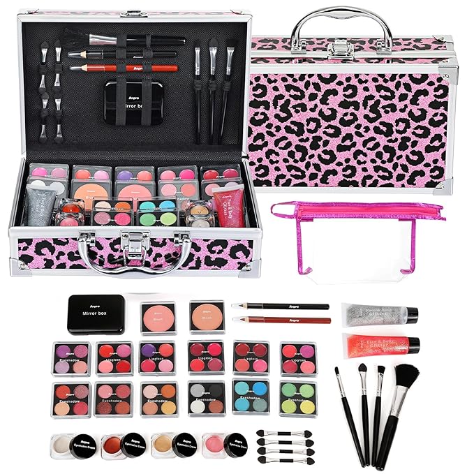 Anpro All-In-One Makeup Carry Case with Pro Teen Makeup Set, Full Starter Cosmetics Kit with Makeup Brushes, Lipsticks, Eye Shadows Palette, Blushes, Glitter Gel-Pink Leopard