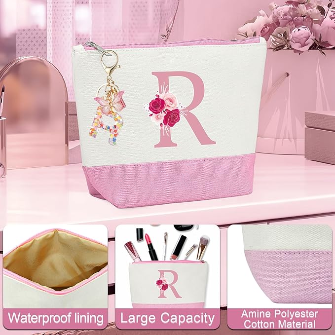 Monogrammed Gifts for Women,Personalized Gifts for Women,Initial Canvas Tote Bag,16oz Initial Glass Cup,Initial Makeup Bag,Initial Jewelry Organizer Box,Birthday Gifts for Aunt Niece-R