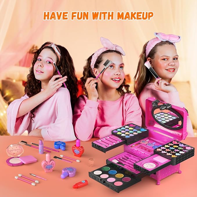 Kids Makeup Sets for Girls, 66pcs Real Cosmetic for Kids Toys with Mirror, Princess Washable Girls Makeup Kit, Non-Toxic & Safe Brithday Gifts for 3 4 5 6 7 8 10 - 12 Years Old（Light Rose）