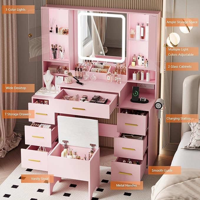 Makeup Vanity with LED Light Strip Mirror and Chair, 7 Drawers & 2 RGB Cabinets Pink Vanity Makeup Desk with Power Strip, Adjustable LED Lighting, and Cushioned Stool for Women, Girls, Teens