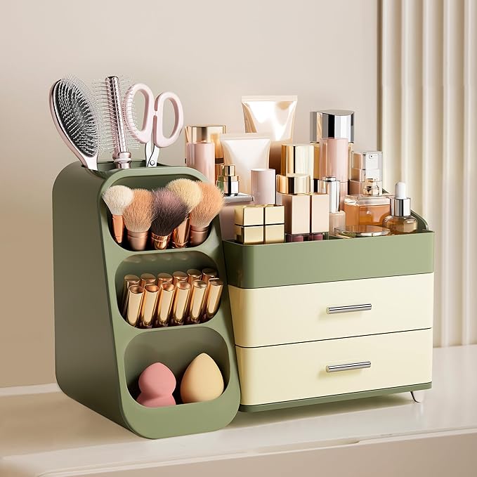 HBlife Makeup Organizer with Brush Holder for Vanity, Large Plastic Bathroom Countertop Organizer Skin Care Storage, Easy to Store Lipsticks, Nail Polishes, Perfumes, Eyeshadow Palettes, Mix Green