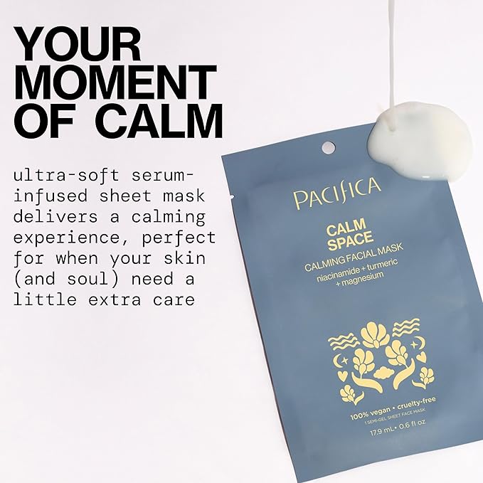 Pacifica Sheet Face Mask - Calm Space - Calming Facial Mask - Niacinamide & Turmeric Soothing Face Mask for Irritated Skin Clean Beauty Vegan & Cruelty-Free Dermatologist Tested