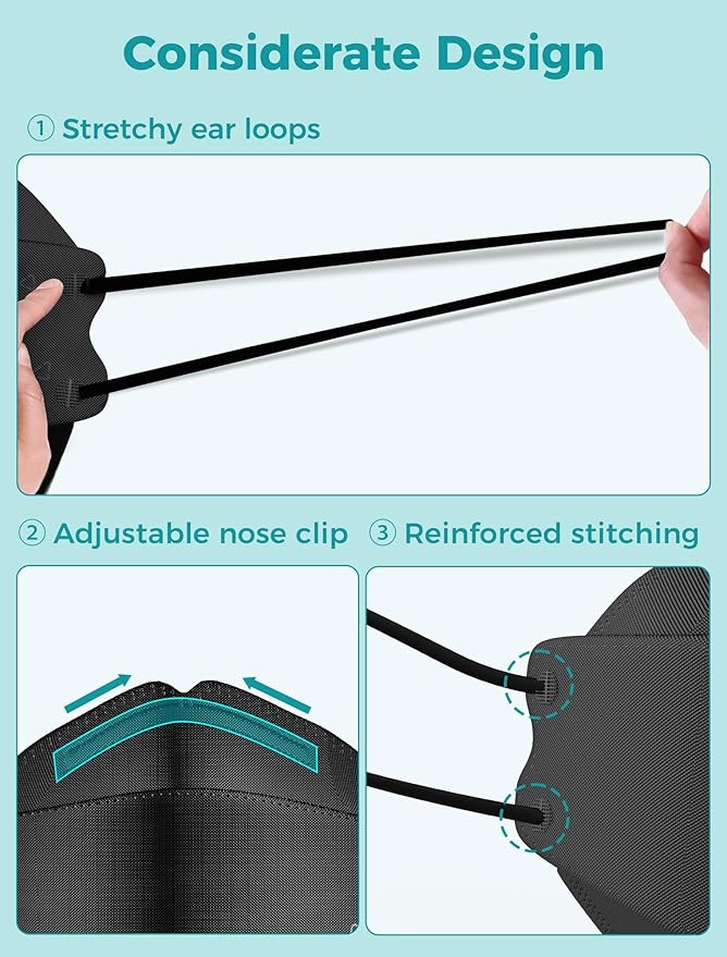 TOPMAX KN95 Face Masks 50 Pack for Adults, Breathable and Comfortable KN95 Mask with Elastic Ear Loop, Filter Efficiency≥95%, Black