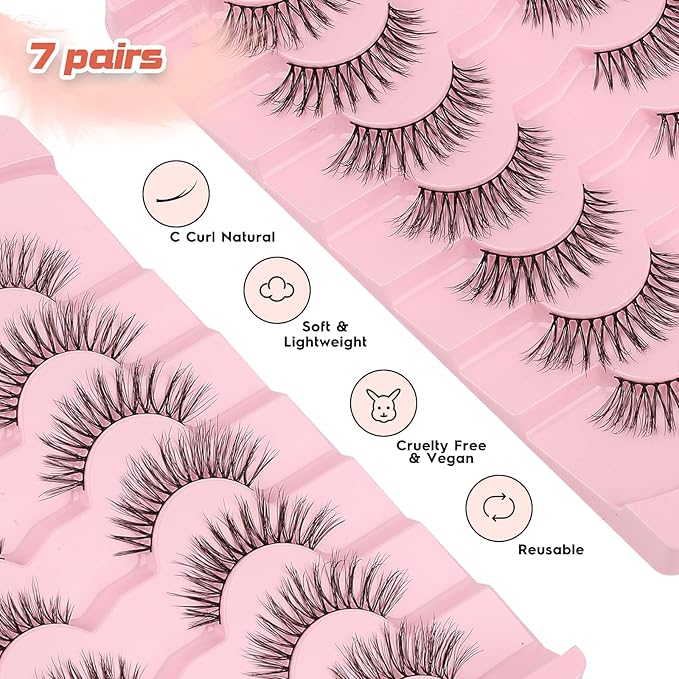 Eyelashes Natural 16mm Cat Eye Lashes Wispy C Curl Strip Lashes False Eyelashes Fluffy Eye Lash 3D Volume Wispy Eyelash Siligli Lash Pack 7 Pair