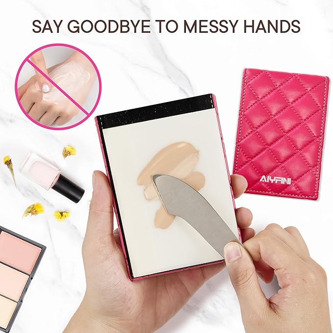 Alyfini Pocket Makeup Palette Mirror for Purse - 100 Disposable Sheets & Spatula, Small Travel Toiletry Essentials, Handheld Foundation/Lip/Nail Color Mixing Tray, Makeup Artist and Enthusiasts Gift