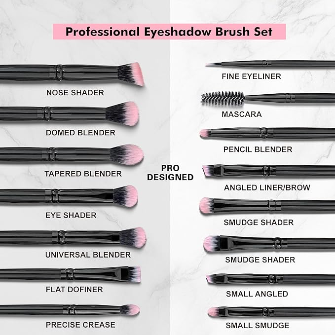 Bueart Design 15Pcs Professional Eyeshadow Brushes Set,Labled Eye Brush Set Kit Essential for eye shadow concealer blending application by Ultra Soft Density Hair