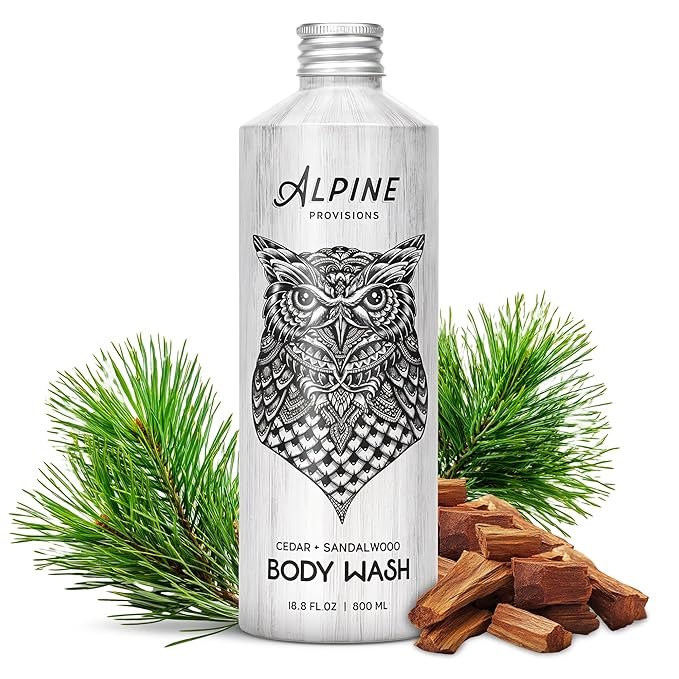 Alpine Provisions Cedar & Sandalwood Moisturizing Body Wash - Cleanse Naturally with Essential Oils - Vegan, Sulfate & Plastic Free - Gentle on Skin Natural Body Wash for Men and Women - 16.9 fl oz