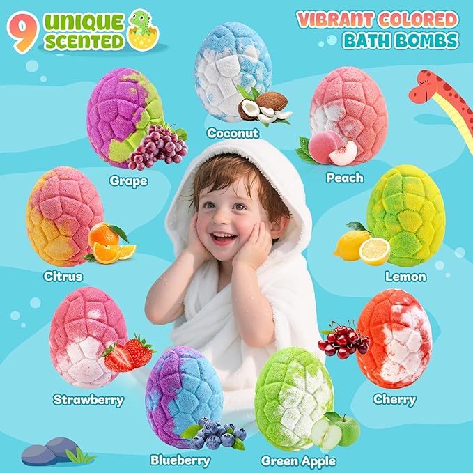 Dinosaur Bath Bombs for Kids with Surprise Inside, Christmas Stocking Stuffers for Kids, 9 Pack Bath Bombs Gift Set, Natural Organic Kid Bubble Bath Fizzy for Girls Boys with Bath Toys Inside