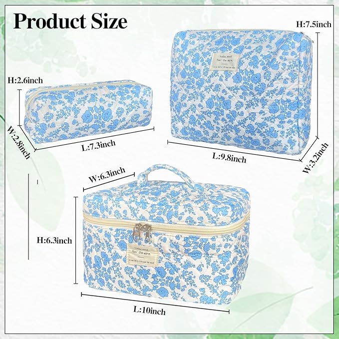 Blue Large Quilted Floral Makeup Bag Set of 3 Cute Coquette Aesthetic Cosmetic Bag Set Travel Toiletry Bag for Women