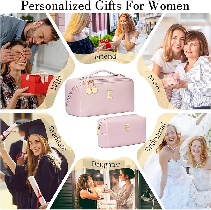 Birthday Gifts for Women Teen Girl, Personalized Initial Makeup Organizer Bag Set, Open Flat Travel Cosmetic Bag With Clear Divider and Handle(Pink,E)