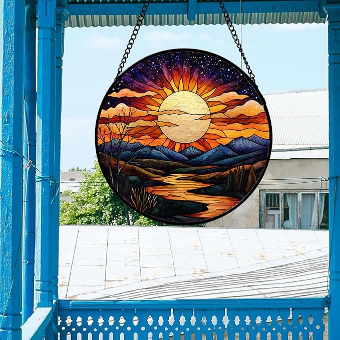 Stained Glass Window Hanging, The Sun Shines Brightly on Lake Sun Catchers Colorful Glass Panel Suncatcher Decor for Birthday for Women, Men, Wife, Lovers, and Mom 14.9x14.9 in