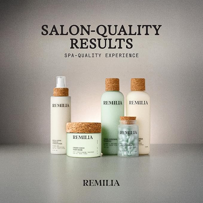 REMILIA Green Goddess Shampoo and Conditioner Set for Damaged Hair – With Rosemary Oil, Panthenol & Green Tea Extract – Hydrating, Strengthening, Vegan – Made in USA – 2 x 8.5 fl oz