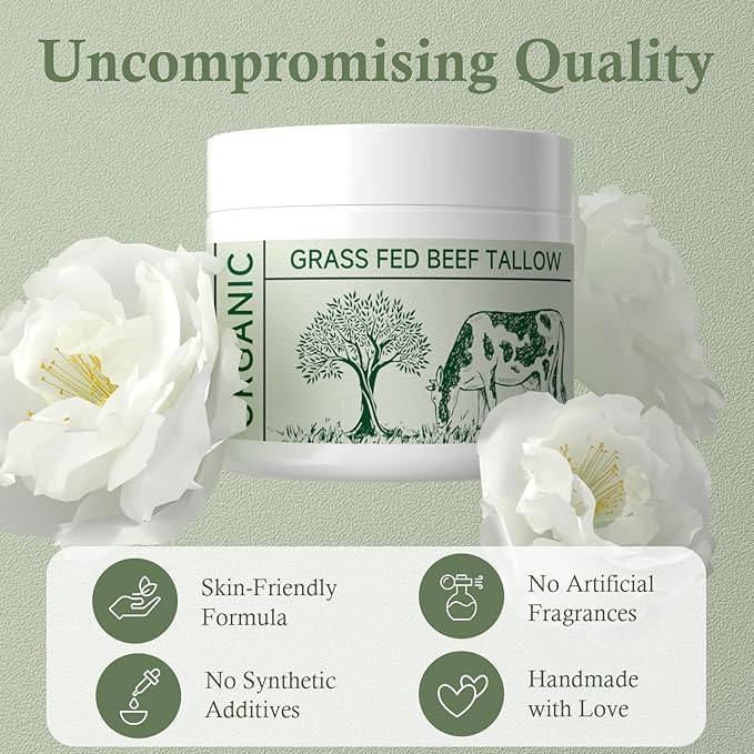 Beef Tallow, Tallow Face Moisturizer, Beef Tallow for Skin, Unscented 100% Organic Beef Tallow Blam Grass Fed Finished Whipped Tallow Face Cream Moisturizer Body Lotion Skin Care for Sensitive Skin