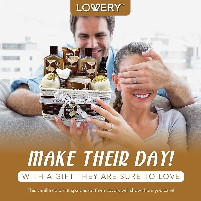 Gifts For Women Gift Basket for Women– 9 Piece Set of Vanilla Coconut Home Spa Set, Includes Fragrant Lotions, Extra Large Bath Bombs, Coconut Oil, Luxurious Bath Towel & More