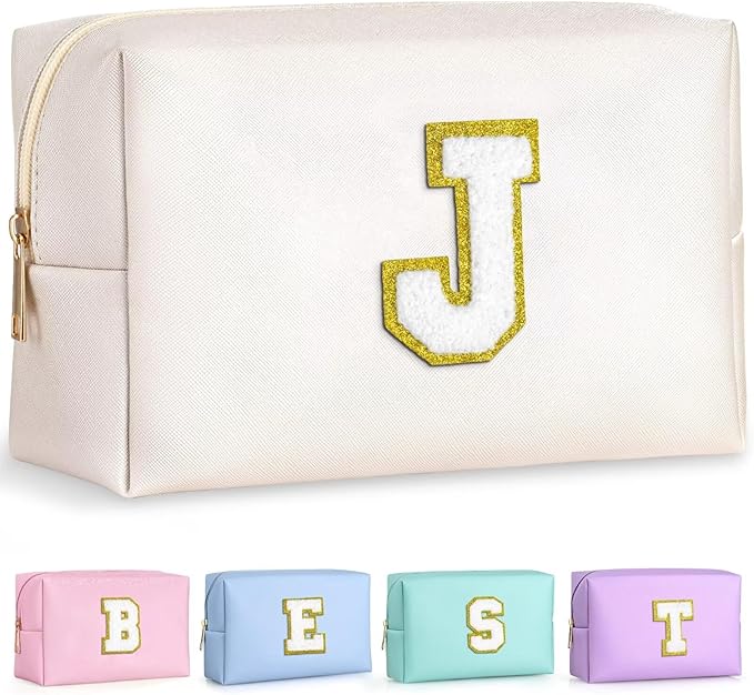 TOPEAST Birthday Gifts for Girls, Travel Makeup Bag Chenille Letter Pouch Cosmetic Bag, Makeup Travel Organizer, Monogrammed Bridesmaid Gifts for Women, Cute Stuff for Girls (White J)