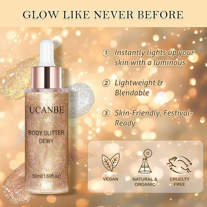 Liquid Glitter Highlighter Glow Drops – Face Highlighter & Body Shimmer Makeup, Illuminating Radiant Glow for Festival Rave Party, Long Lasting 03 Rose Gold