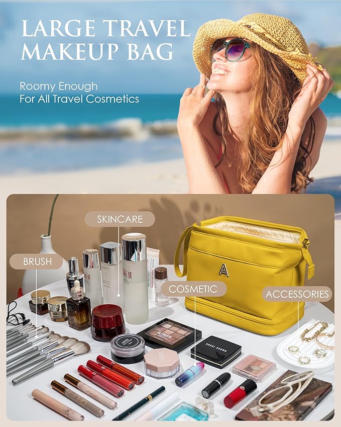 Womens Gift, Initial Makeup Bag, Travel Gifts, Personalized Bags, Waterproof Double Layer Cosmetic Bag, Large Capacity PU Leather Makeup Bags Letter Travel Toiletry Bag, Friend Gifts