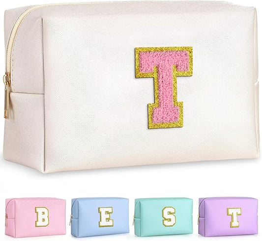 TOPEAST Preppy Stuff for Girls, Initial Makeup Bag Chenille Letter Pouch Cosmetic Bag with Zipper, PU Leather Waterproof Toiletry Bag, Cute Stuff Birthday Gift for Friends Sister (Pearly White T)