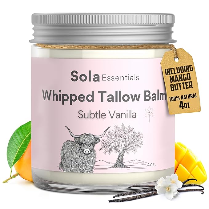 Grass Fed Whipped Beef Tallow for Skin - Whipped Tallow Balm with Mango Butter and Olive Oil - Natural Moisturizer, Suitable for all Skin Types, Smooth Texture, 4 oz Jar, Made in USA, Subtle Vanilla
