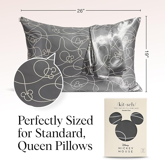 Kitsch Disney Mickey Mouse Satin Pillowcase with Zipper Softer Than Silk, Cooling Pillow Case for Hair & Skin, Wrinkle-Free, Machine Washable, Queen/Standard (19x26)