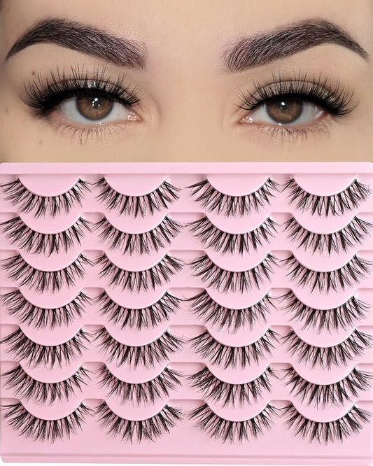 FARRED Cat Eye Lashes False Eyelashes Natural Look Clear Band Wispy Lashes 14 Pairs Lash Strips Hybrid Full Cateye Medium Length Strip Lashes Pack Pestañas (F28 | 8-14mm)