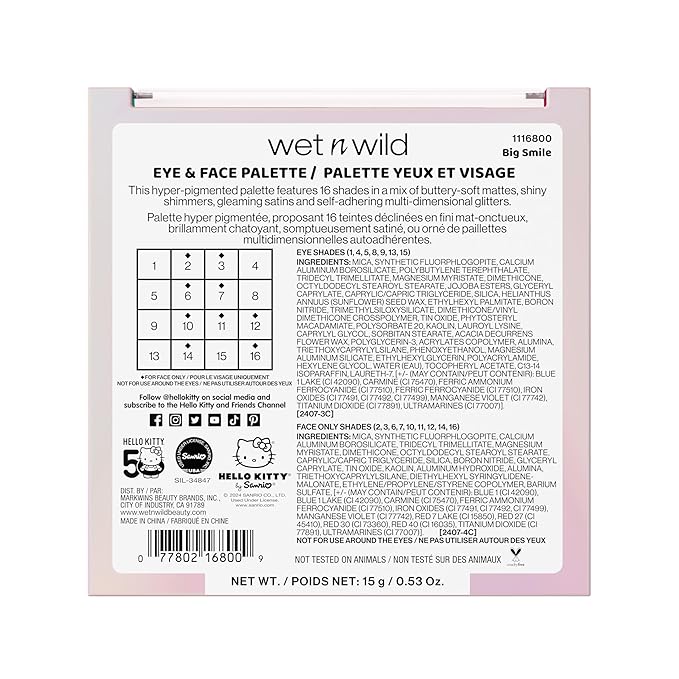 wet n wild Hello Kitty Eye & Face Palette, 2 Bold Richly Pigmented Palettes, Multi-Functional Buildable and Blendable Formula, Cruelty-Free & Vegan - Big Smile