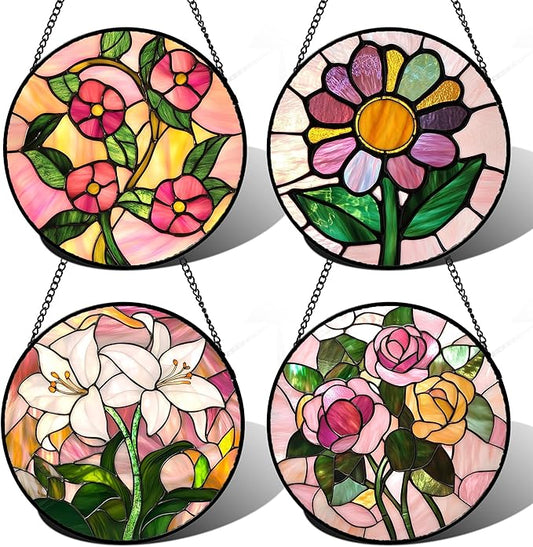 Stained Glass Window Hanging 4 Pcs Set Pink Floral Theme 9.8" - Flowers Suncatcher Door Garden Sun Catcher Decor Birthday Christmas for Mom Woman Nana Men Friend