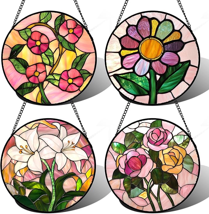 Stained Glass Window Hanging 4 Pcs Set Pink Floral Theme 6.3" - Flowers Suncatcher Door Garden Sun Catcher Decor Birthday Christmas for Mom Woman Nana Men Friend