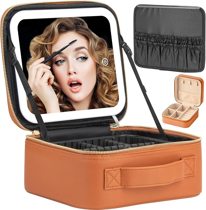 Makeup Travel Train Case with Mirror LED Light 3 Adjustable Brightness Large Cosmetic Bag Portable Storage Adjustable Partition Waterproof Makeup Brushes Make up Jewelry Gift for Women