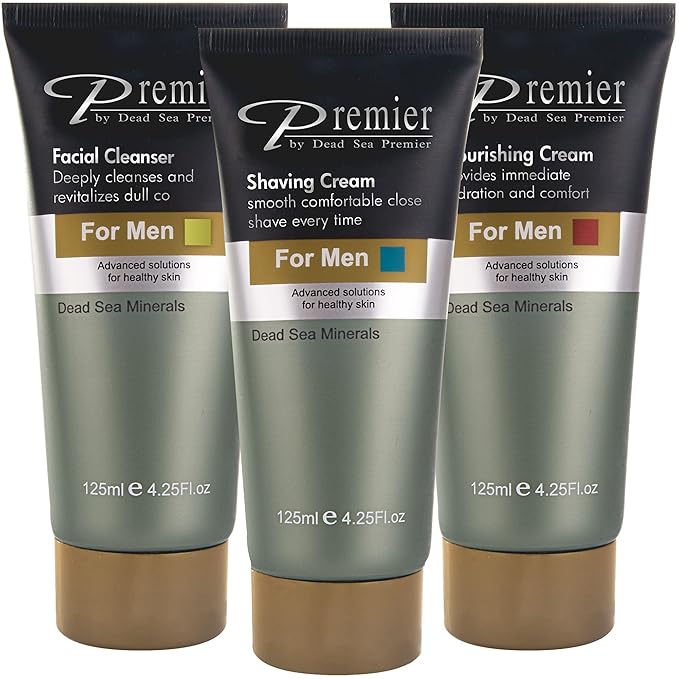 Premier Dead Sea Men's Skincare Gift Set, 3-Pack: Nourishing Cream, Shaving Cream, Facial Cleanser for Men, Sensitive Skin, Anti-Wrinkle, Daily Use