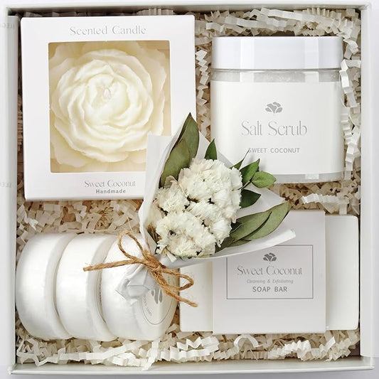Sweet Coconut Spa Gift Set for Women – Relaxation Gift Basket with Candle, Soap, Salt Scrub & Shower Steamers – Unique Birthday, Bridal Shower, Thank You & Self Care Gifts